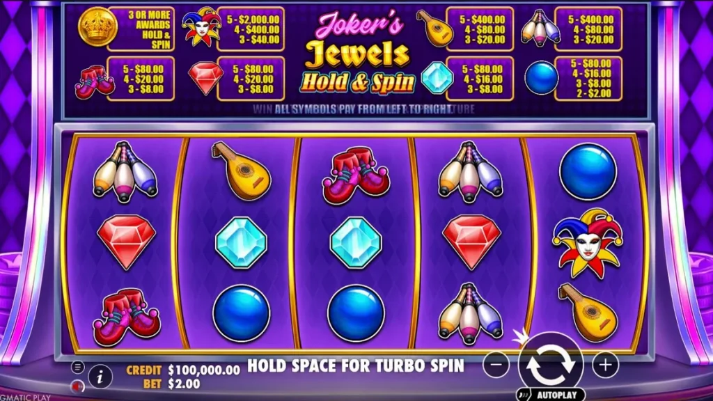 Tampilan visual mesin slot Joker’s Jewels Hold & Spin dengan latar belakang ungu dan simbol permata