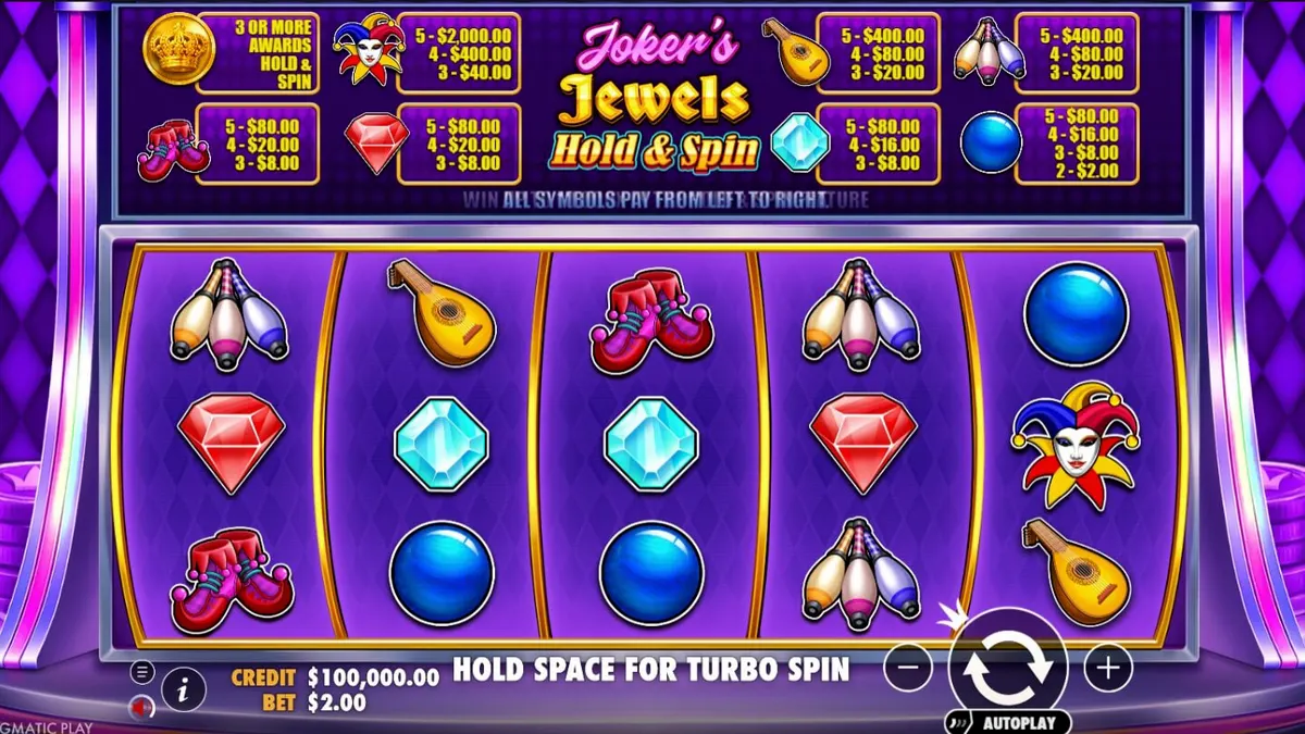 Tampilan visual mesin slot Joker’s Jewels Hold & Spin dengan latar belakang ungu dan simbol permata