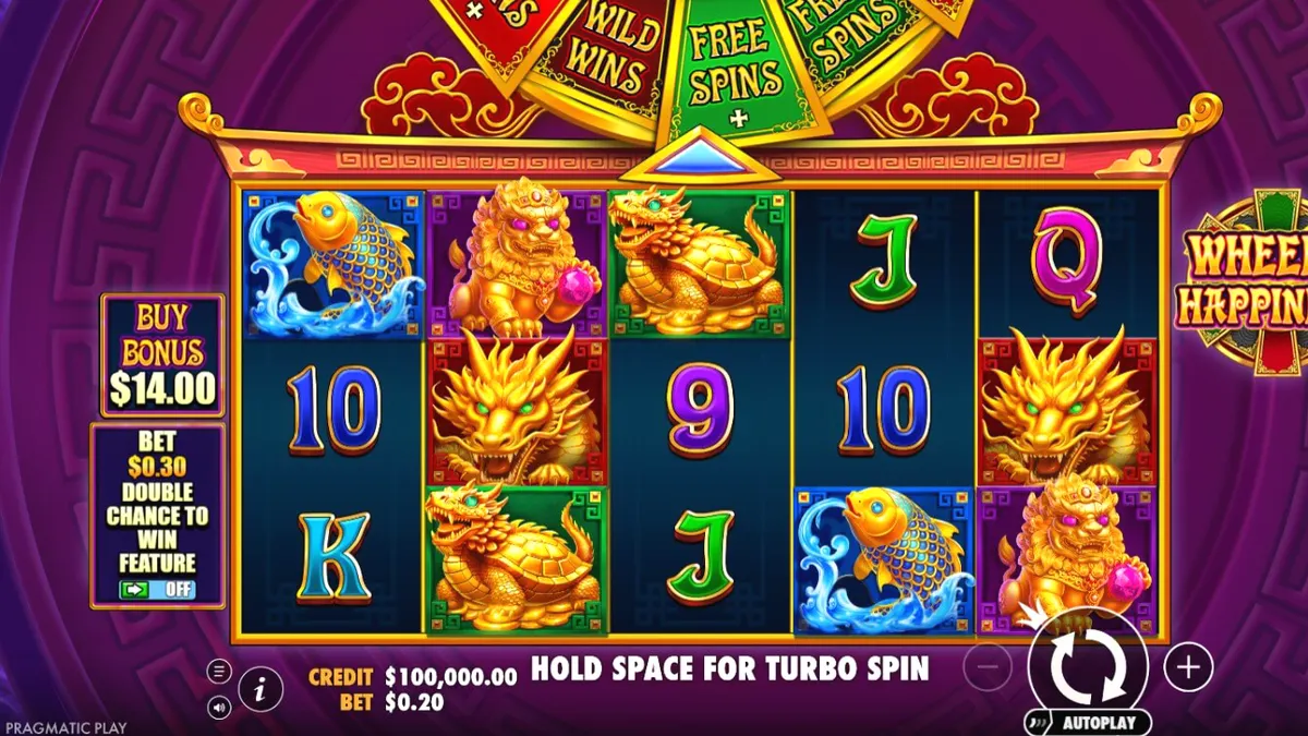 Wheel of Happiness slot dengan tema naga emas dan nuansa oriental