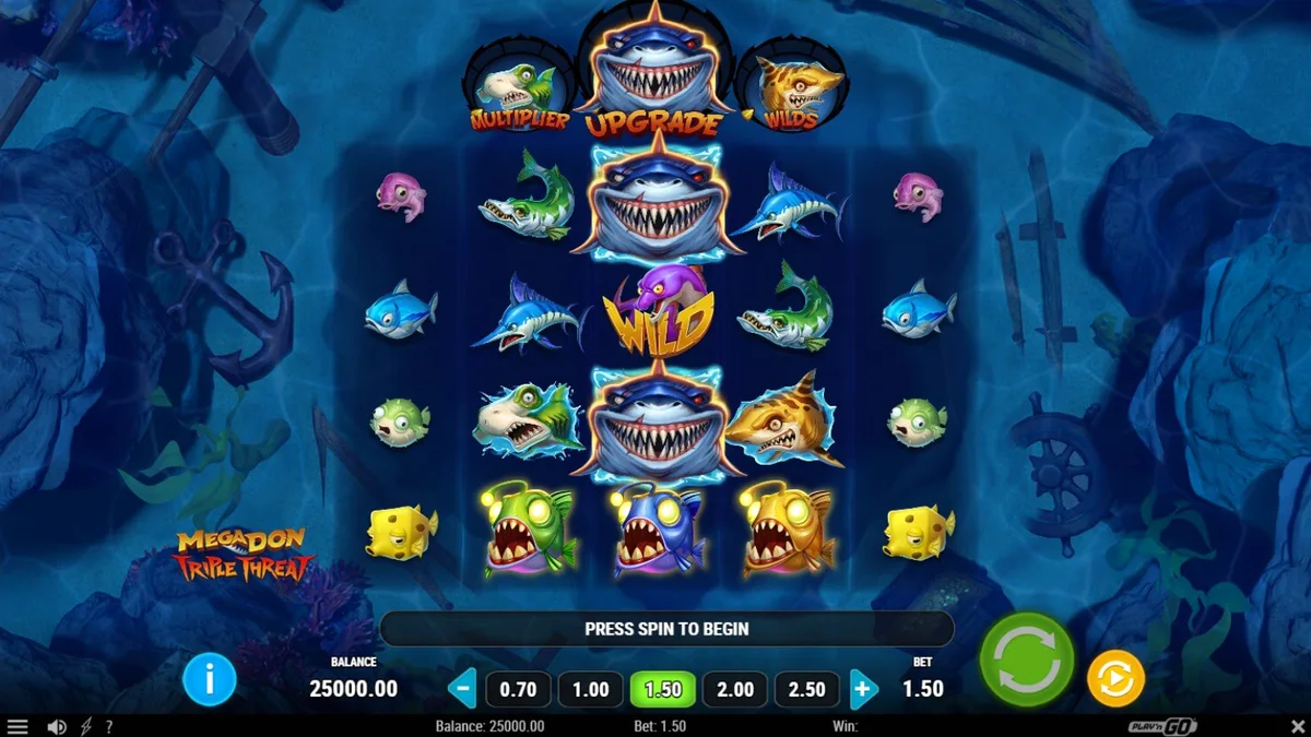 Tampilan visual slot Megadon Triple Threat dengan tema hiu di kedalaman laut